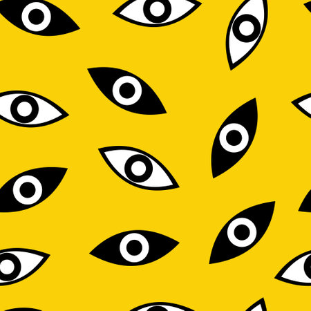 Seamless pattern with All-seeing eye for fashion prints, fabrics, wallpapers, wrapping paper, bedding. Black and white eye - Masonic symbol. Yellow background.の写真素材
