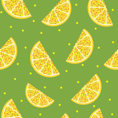 ge fruit slices, consisting of multi-colored circles on a green background for trendy prints, fabrics, wrapping paper, textiles, linen. Vector illustration.のイラスト素材