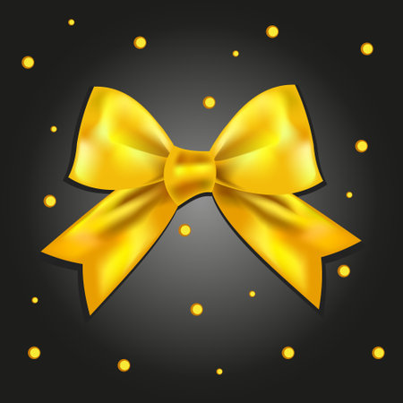 Golden yellow gift bow isolated on black background. Festive wrapping ribbon bow for fashionable prints for New Year and Christmas. Vector illustration.のイラスト素材