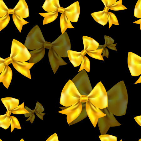 Gold yellow bow. Seamless pattern of festive bright bows for fashionable prints, fabrics for New Year and Christmas.の写真素材