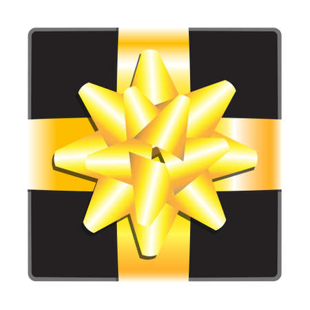 Black gift box with golden bow for fashion prints, greeting cards for Christmas, New Year, Birthday.のイラスト素材