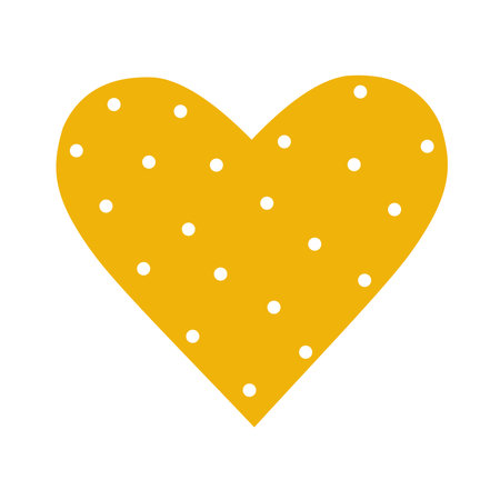 Yellow heart with white polka dots on a white background. Love symbol for Valentine's Day, greeting card. For fashion prints, cups, textiles, clothing. Vector illustration.のイラスト素材