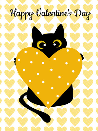 Black cat and a yellow heart with polka dots. Valentine's Day greeting card. Pattern for fashion prints on cups, textiles, clothes, notebooks.の写真素材