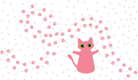 Cat's feet on the path. Cute cat hugs happiness. Cheerful pink animal footprint pattern for bedding, fabrics, backgrounds, websites, postcards, baby prints, wrapping paper. Vector graphics.のイラスト素材