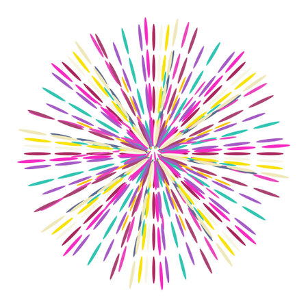 Explosion effect of random radial colorful lines on a white background with dots. Floral abstract circular pattern. Vector illustration.のイラスト素材