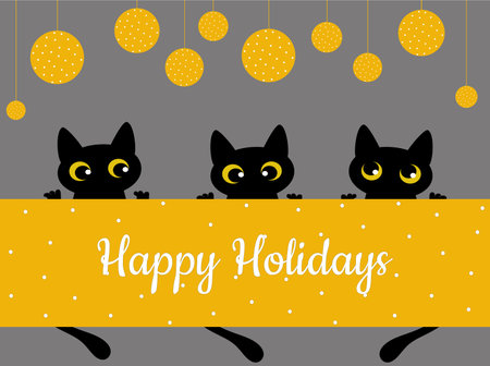 Greeting card "Happy Holidays". Black cute cats. Yellow Christmas balls with white dots with polka dots for printing on clothing, fabric, gliders. Vector illustration.のイラスト素材