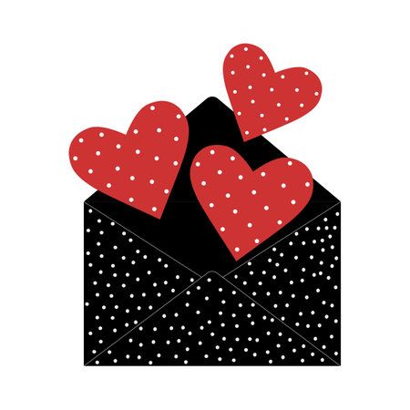 Black envelope with white polka dots with hearts. Cute valentine for printing on cups, clothes,...