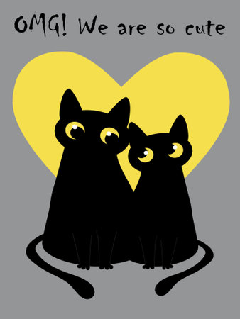 Black cat and yellow heart on a gray background. Greeting card for Valentine's Day. Pattern for fashionable prints on cups, textiles, clothes. Vector illustration.のイラスト素材
