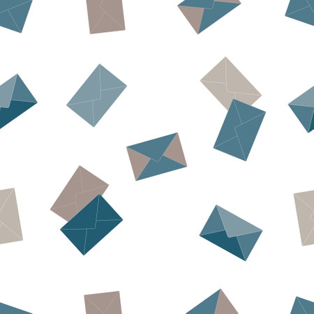 Trendy seamless pattern of blue gray envelopes, letters for festive wrapping paper, fabric, textiles, bed linen, covers. Vector illustration.のイラスト素材