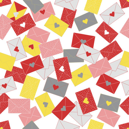 Trendy seamless pattern of multicolored envelopes, letters for festive wrapping paper, fabric, textiles, bed linen, covers. Vector illustration.のイラスト素材