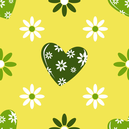 Green hearts and flowers. Seamless spring pattern for textiles, clothing, covers, gliders, wrapping paper. Vector illustration.のイラスト素材