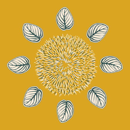 Explosion effect of random radial pink lines on yellow background with decorative leaves. Floral abstract circular pattern for printing on pillows, t-shirts, covers. Vector illustration.のイラスト素材