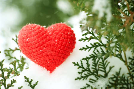 This red heart is crocheted from cotton yarn. Valentine's Day holiday symbol in snowy winter in February on a tree.の写真素材