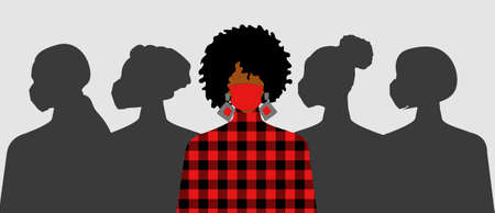 a woman wearing a red medical mask and a fashion plaid sweater. Shadows of masked people. Red and black.の写真素材