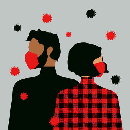 woman and man wearing red medical masks in the distance. Red and black avatar. Modern vector graphics.のイラスト素材