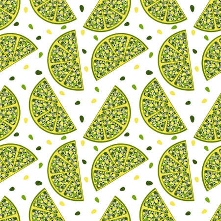 Seamless pattern with yellow-green fruit slices, consisting of multi-colored circles for printing on...