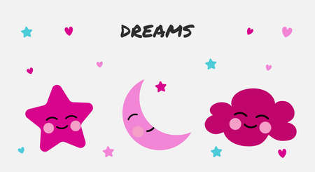 Pink clouds, star and moon for printing on cups, decorative pillows. For children's posters, postcards. Vector graphics.のイラスト素材