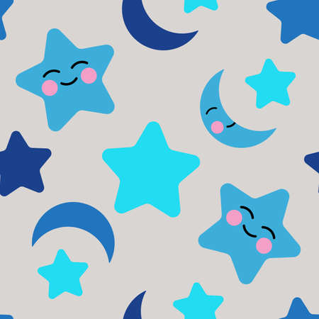 Seamless background with blue stars and moons for printing on children's fabrics, textiles, paper, bed decor.の写真素材