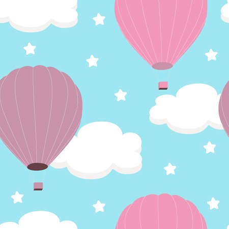 Seamless pattern with white clouds and pink balloons on a blue sky background. For printing on fabrics, textiles, paper, bedding.の写真素材