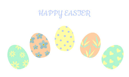 Festive greeting card with colored eggs in pastel colors "Happy Easter". For printing on covers, decorative pillows, cups, kitchen textiles. Vector graphics.のイラスト素材