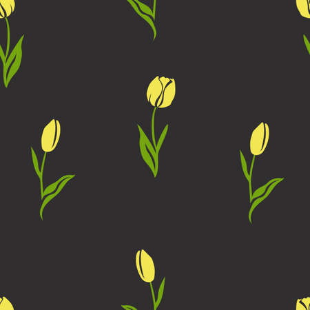 Seamless spring pattern with yellow tulips on a dark gray background. For printing on fabrics, textiles, paper, decorative interior design. Vector graphics.のイラスト素材