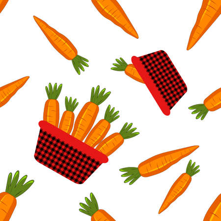 Carrots in a beautiful basket on a white background. Seamless pattern for printing on kitchen...