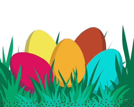 Easter card with colored eggs in green grass. For printing on decorative pillows, cups, kitchen textiles, news, websites. Vector graphics.のイラスト素材