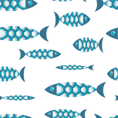 Creative blue fish on a white background. Cute marine seamless pattern for fabrics, paper, packaging, design, interior, kids decor. Vector graphics.のイラスト素材