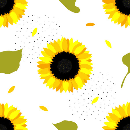 Sunflower flowers. Seamless summer pattern with yellow sunflowers for printing on fabric, paper, textiles, interior decor. Vector graphics.のイラスト素材