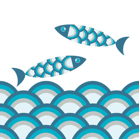 Cute blue fish with unusual scales isolated on white background and raging ocean waves. Template for applications, fabrics, compositions, postcards. Vector graphics.のイラスト素材