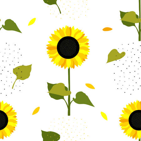Sunflower flowers. Seamless summer pattern with yellow sunflowers for printing on fabric, paper, textiles, interior decor. Vector graphics.のイラスト素材