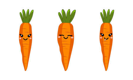 Cute carrot with cheerful emotions isolated on white background. Vegetables with carotene. Illustration for stickers, printing in grocery online stores, children's decor. Vector graphics.のイラスト素材