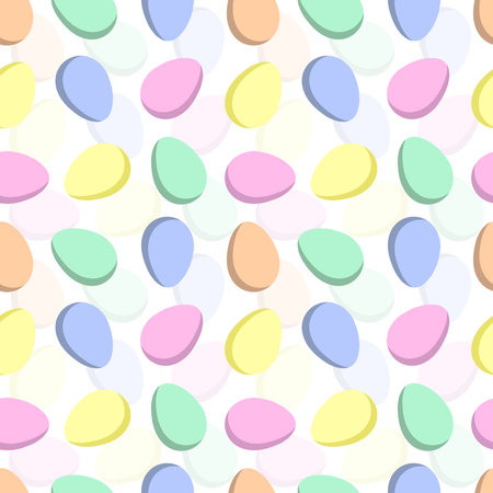 Easter background with colored eggs in pastel colors. For printing on decorative pillows, kitchen textiles, fabrics, and festive wrapping paper.の写真素材