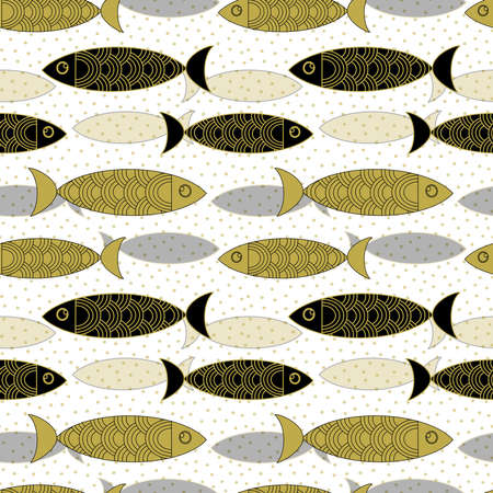 Creative gold and black fish on a white background. Kawaii marine seamless pattern for fabric, paper, packaging, design, interior, kids decor.の写真素材