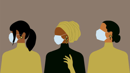 Coronavirus quarantine. Women in medical masks of different nationalities and religions. Women's...