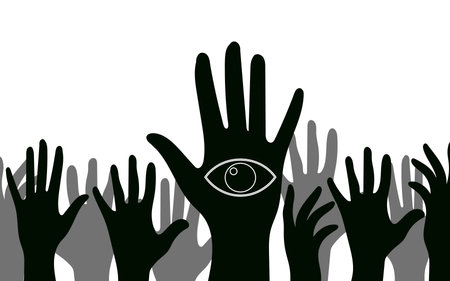 All-seeing eye. Silhouettes of hands of people of different nationalities and religions. Mystical symbol. Vector graphics.のイラスト素材