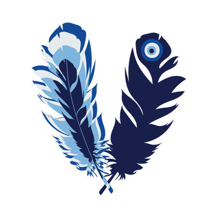 Feathers creative in blue tones with an amulet. Turkish amulet against the evil eye. Blue eye. Guardian Nazar. Vector graphics.のイラスト素材