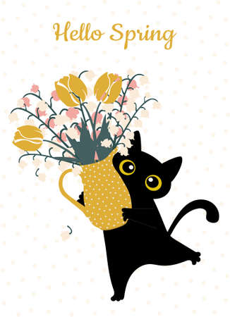 Spring card Hello Spring. Black funny cat with a bouquet of cute lilies of the valley and tulips in a jug in trendy colors for printing on T-shirts, decorative pillows, poster.の写真素材