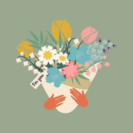 Spring bouquet for Women's Day, March 8, Birthday. Beautiful flowers tulip, forget-me-not, lily of the valley, fern for printing on decorative pillows, dishes, women's clothing.の写真素材