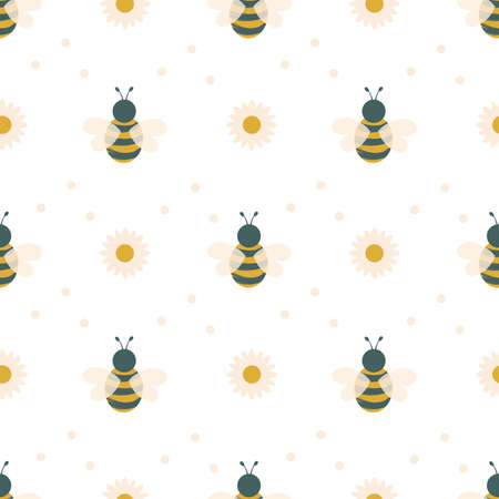 Lovely bees. Seamless pattern with insects and flowers for fabrics, textiles, wrapping paper, interior design. Actual colors.の写真素材