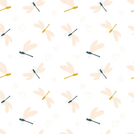 Kawaii dragonflies. Seamless cute pattern with insects for fabrics, textiles, wrapping paper, interior design. Actual colors.の写真素材