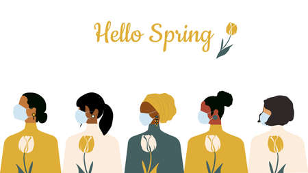Hello spring postcard. Women in protective masks. Illustration in trending colors featuring women of different nationalities and religions.の写真素材