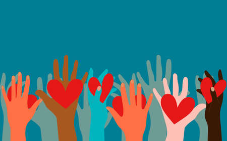Volunteers, social workers, ordinary people hold hearts in their palms. Unity, cohesion of a...