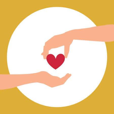 Charitable donation by heart. A person to share money, time, health. Postcard design to fund hand giving heart and hand receiving.の写真素材