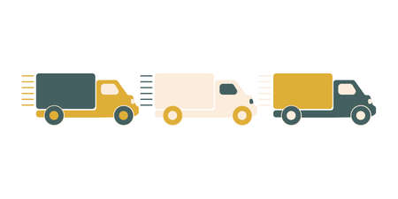 Truck icons set in trending colors. Delivery and transportation of goods. Print for clothes, pillows, children's textiles.の写真素材