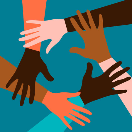 Hands of people of different nationalities and religions. Feminism concept design for cards, posters with blue background. Activists stick together. Voting in elections.の写真素材