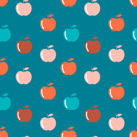 Apples fruit on a blue background for printing on fabric, textiles, decorative pillows, wallpaper. Modern cute childish seamless print.の写真素材