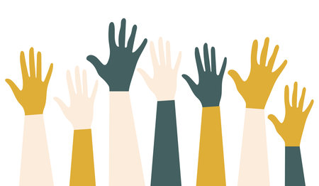 International Youth Day. Voting in elections. Fight for equal rights. Silhouettes of hands of guys and girls of different nationalities and religions. Festive poster in trendy colors.の写真素材