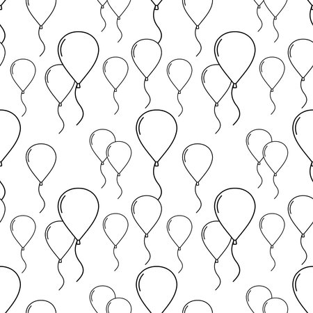 Balloon. Birthday wrapping paper. Black line contour. Balloon festival. Seamless pattern for printing on decorative pillows, fabrics, textiles. Page for coloring.の写真素材