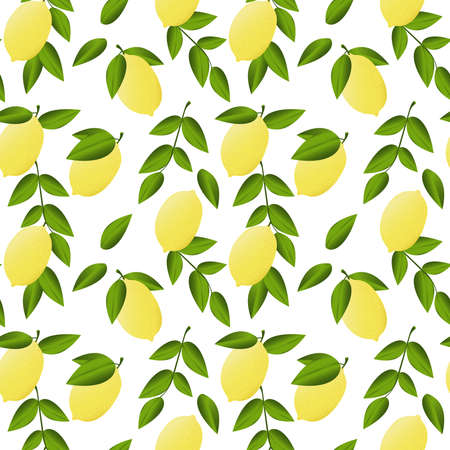 Yellow lemons with leaves on a white background. Seamless pattern with summer exotic organic fruits for fabrics, decorative pillows, interior design, kitchen textiles.の写真素材